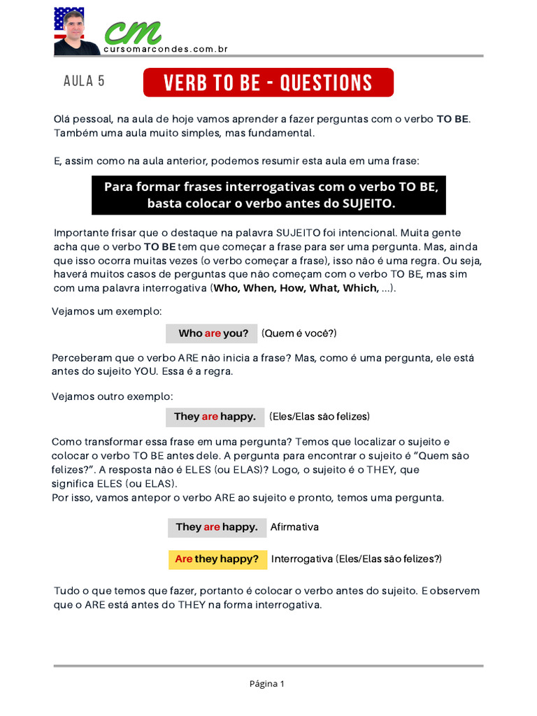 Perguntas com o Verbo To Be | PDF | Assunto (gramática)