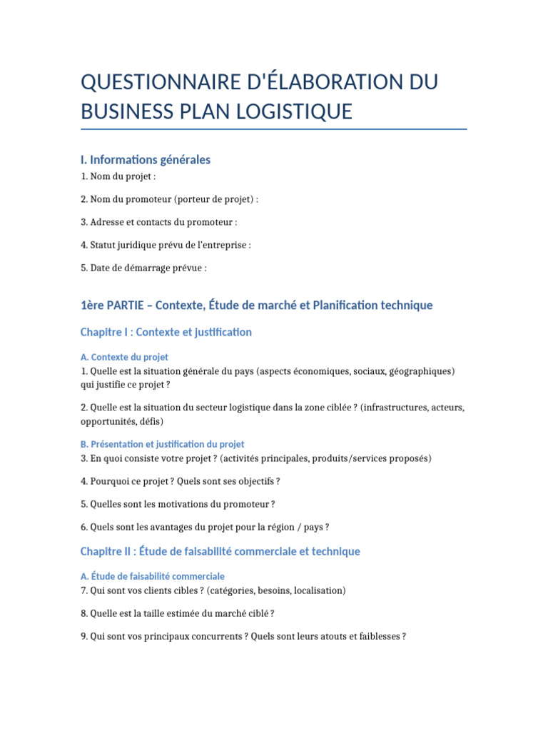 Questionnaire Business Plan Logistique | PDF | Valeur actuelle nette ...