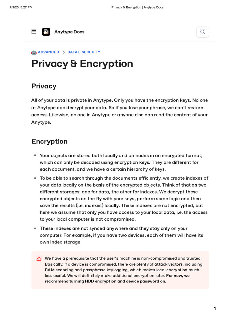 Anytype Data Privacy & Encryption Guide | PDF | Encryption | Key ...
