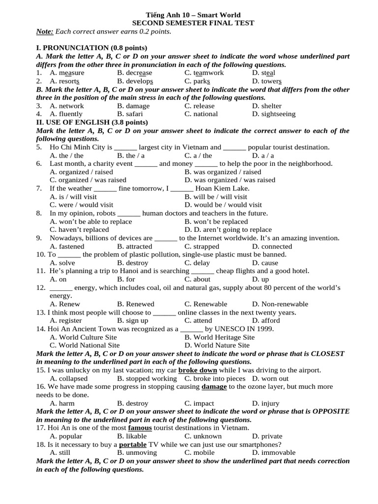 Smart World 10 - Second Semester - Final Test | PDF | Educational ...