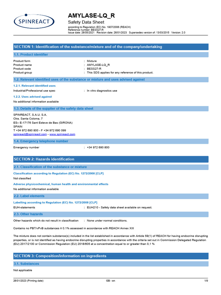 Bess27 Amilasa LQ en Es 2023 AMILASA | PDF | Dangerous Goods | Toxicity