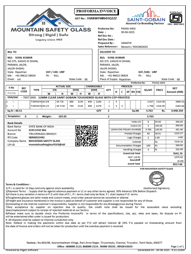 Proforma Invoice for Toughened Glass | PDF | Payments | Taxes