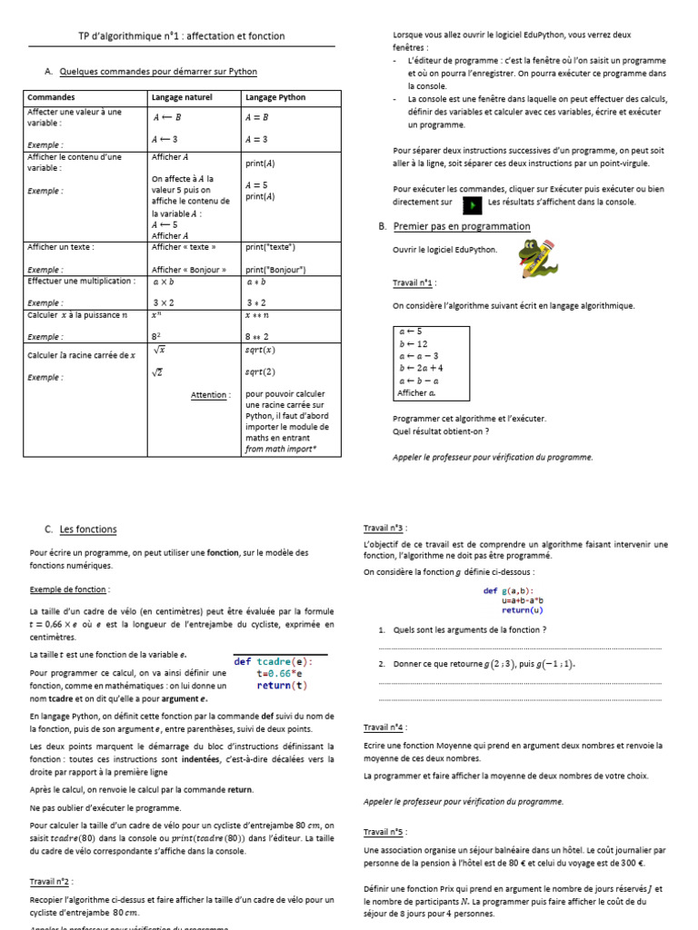 TP Python : Affectation et Fonctions | PDF | Programme informatique ...