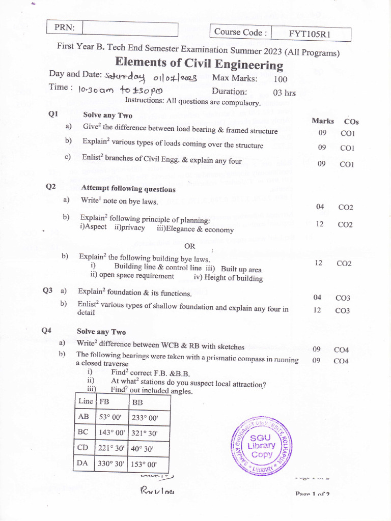 Fyt 105 R1 - Elements of Civil Engineering - May 2023 | PDF
