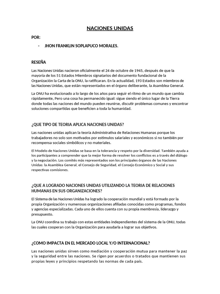 Impacto de las Naciones Unidas en el Mundo | PDF | Naciones Unidas ...