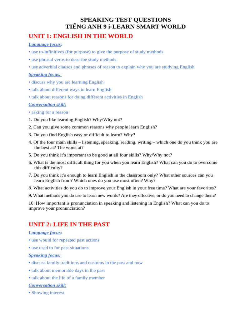 Speaking Test Questions for English Learners | PDF | English Language ...