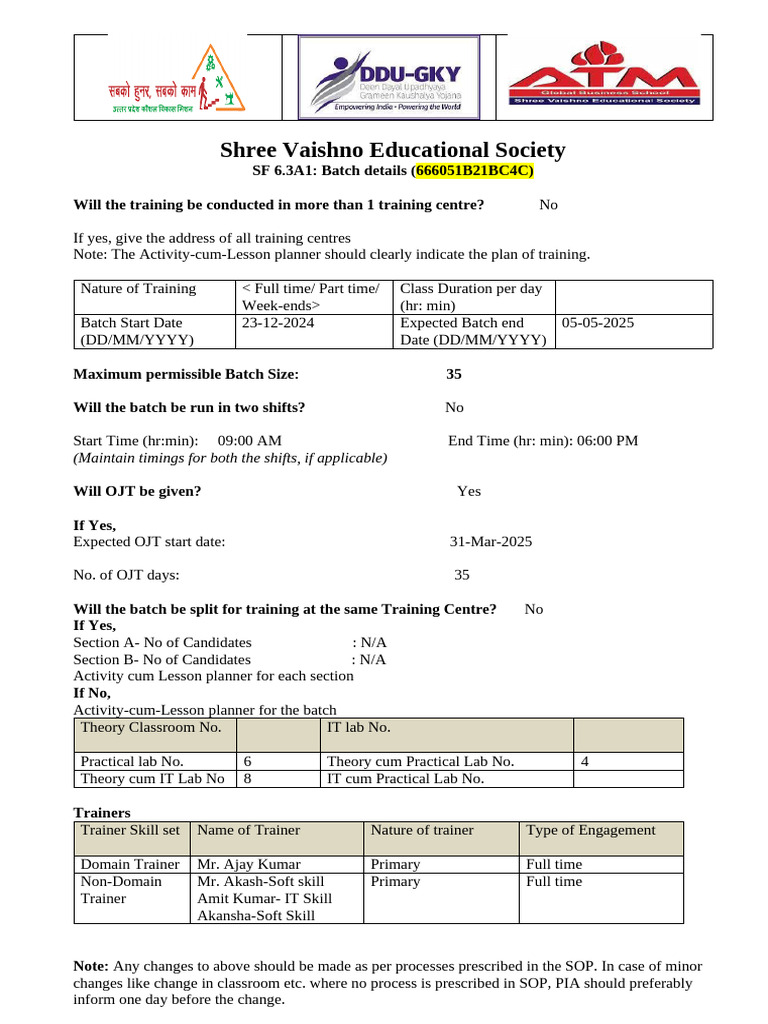 Training Batch Details and Schedule | PDF
