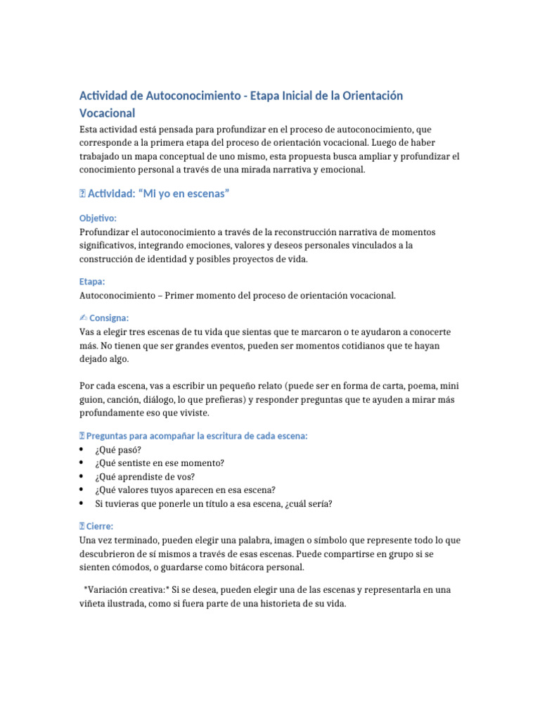 Actividades de Autoconocimiento Vocacional | PDF