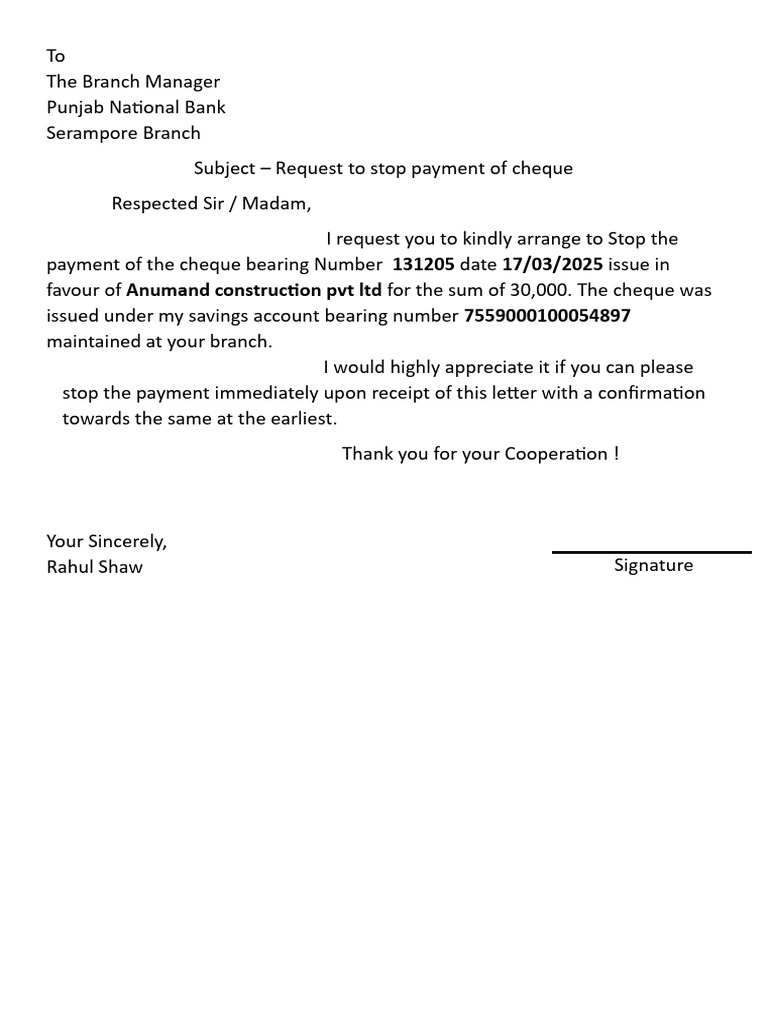 Stop Payment Request for Cheque | PDF