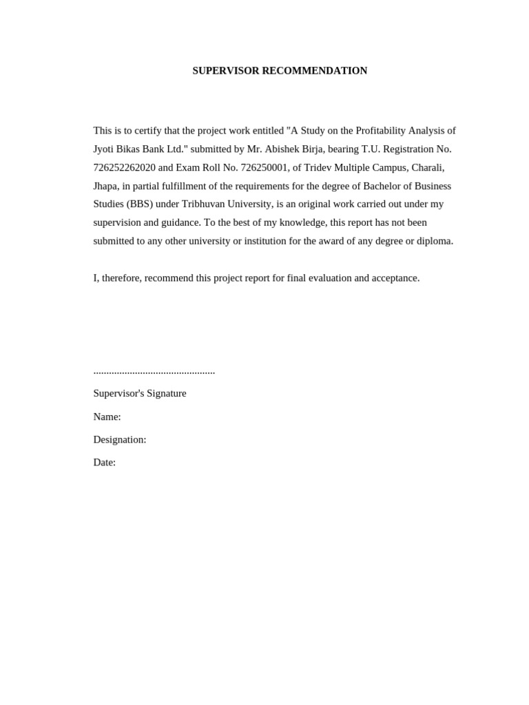 Supervisor Recommendation JBBL Abishek Birja | PDF