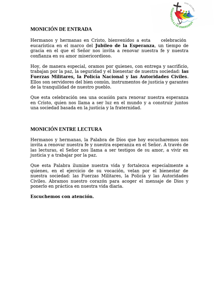 Peticiones y Moniciones para la Misa | PDF | Cristo (título) | eucaristía