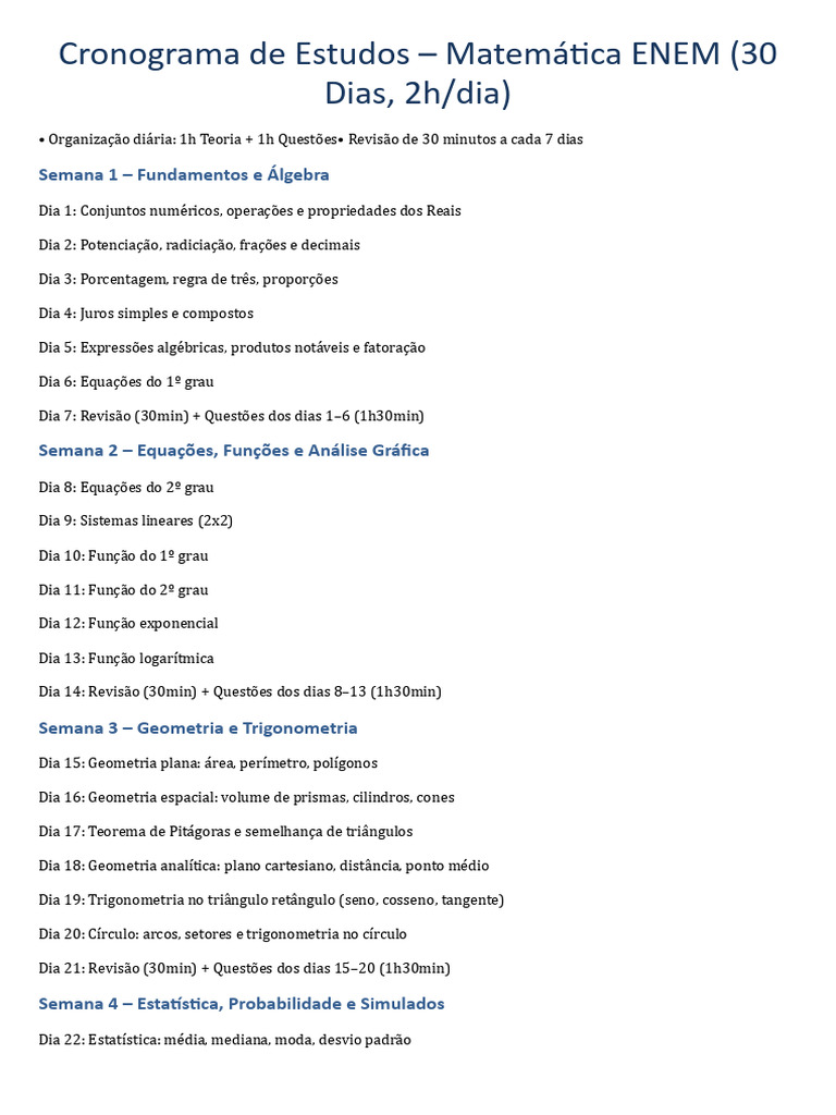 Cronograma de Estudos para Matemática ENEM | PDF