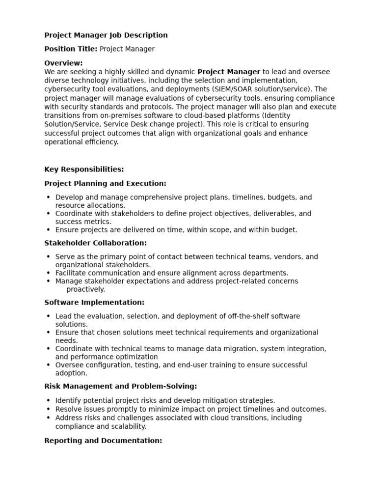 Project Manager Job Description | PDF | Project Management | Computer ...