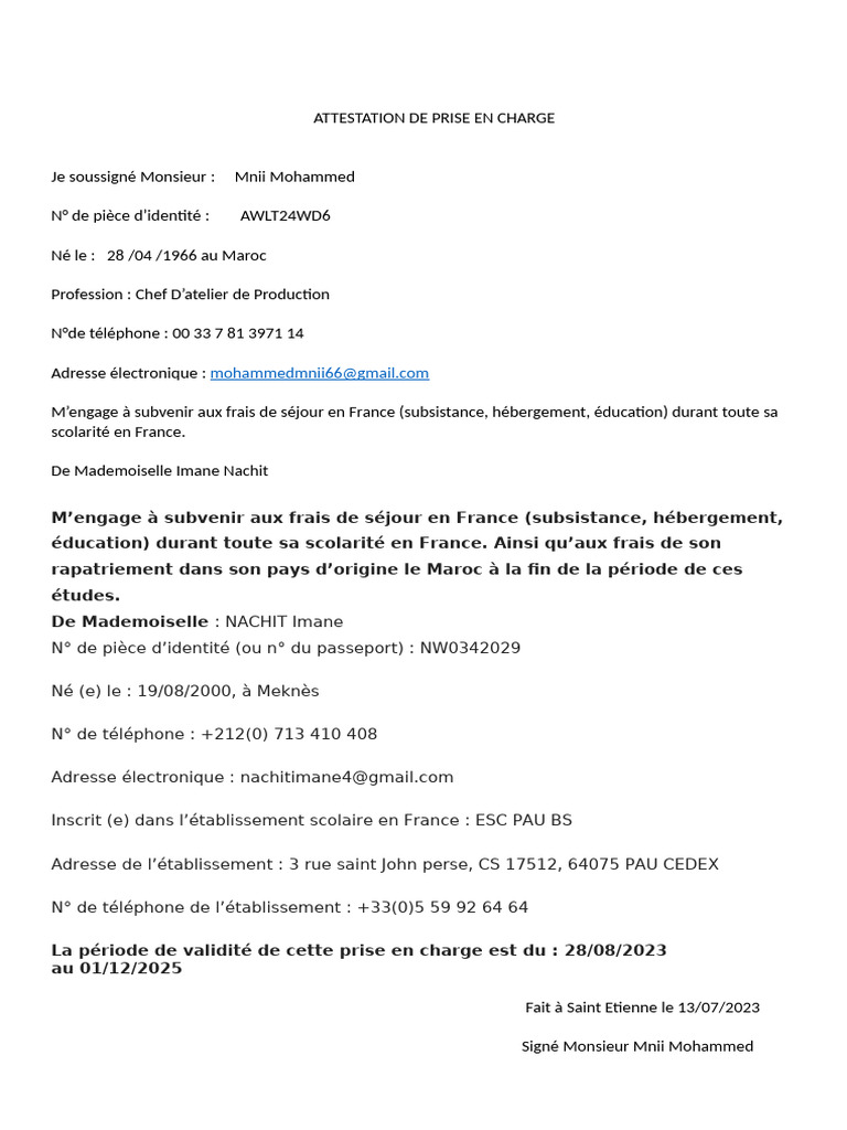 Attestation de Prise en Charge Scolaire | PDF