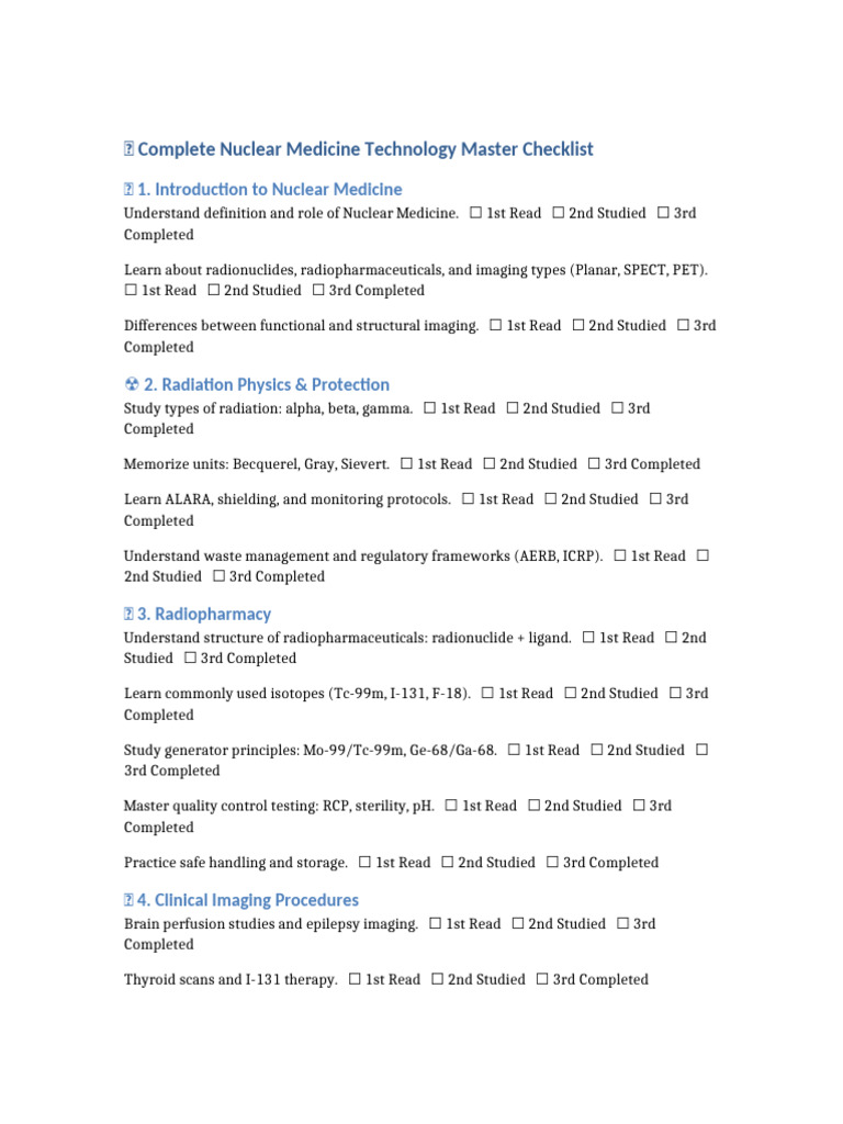 Nuclear Medicine Technology Checklist | PDF | Nuclear Medicine ...