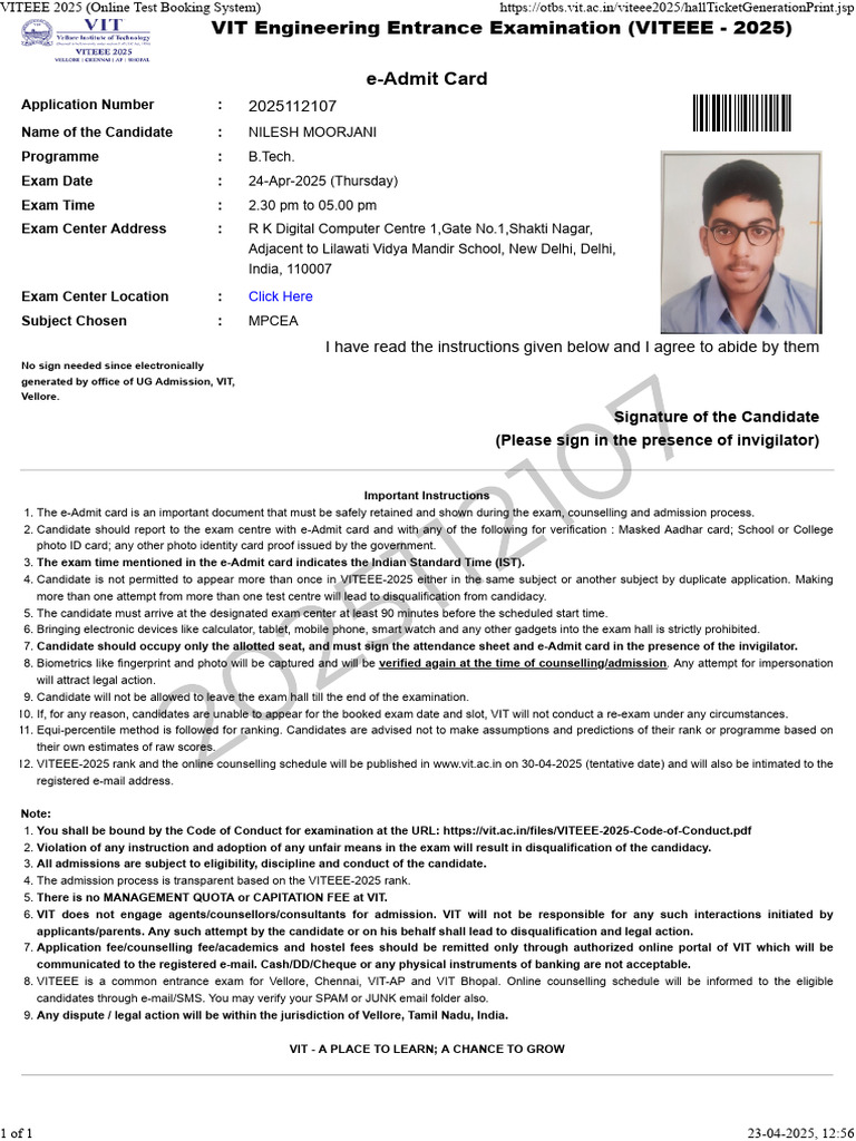 VITEEE 2025 e-Admit Card Details | PDF