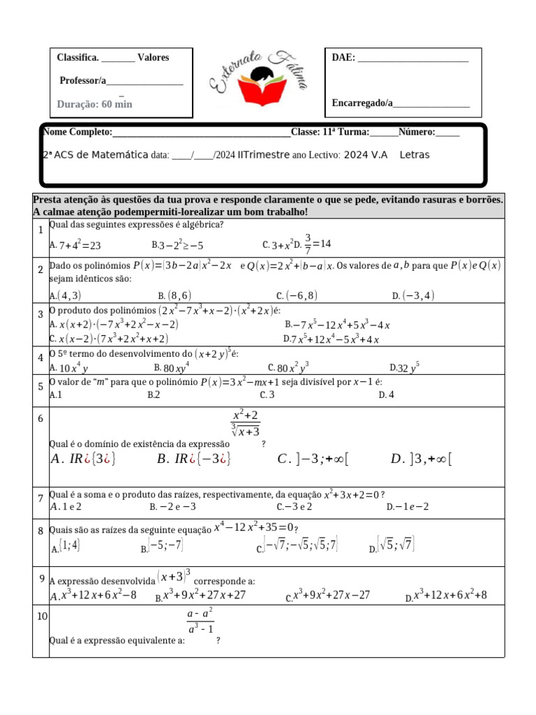 Prova de Matemática - 11ª Classe | PDF | Equações | Matemática