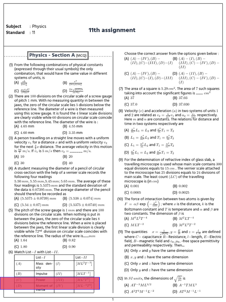 Physics Assignment: MCQs and Problems | PDF | Astronomical Unit ...