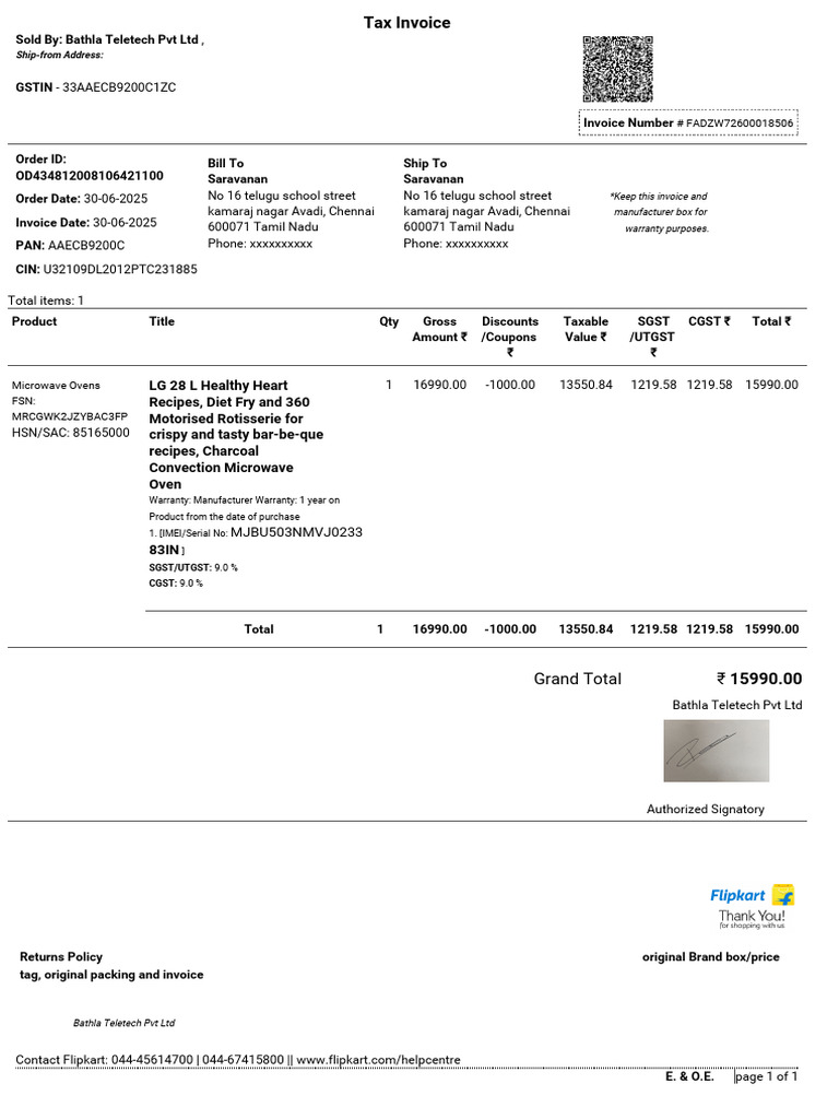 Invoice for LG Microwave Oven Purchase | PDF | Taxes | Payments