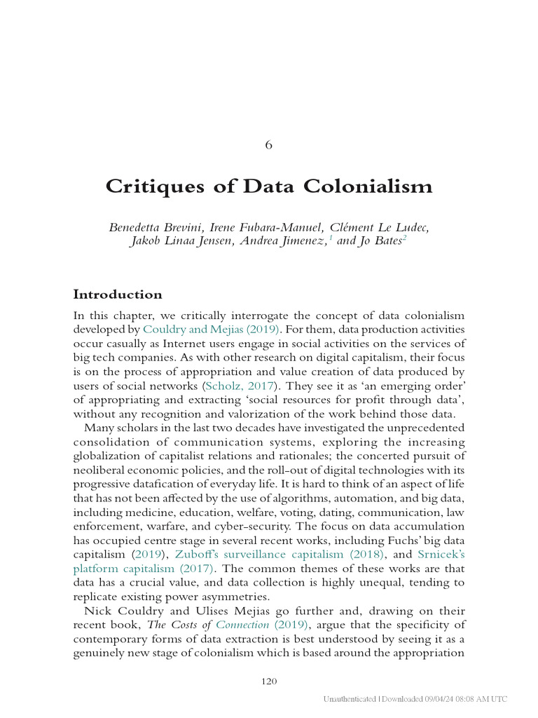 Critiques of Data Colonialism Concepts | PDF | Information And ...