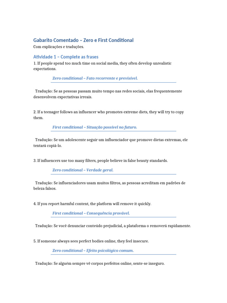Gabarito Zero e First Conditional | PDF | Ciências comportamentais ...