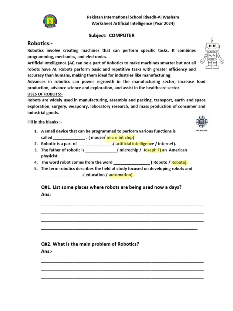 Robotics and AI Worksheet 2024 | PDF | Robot | Robotics