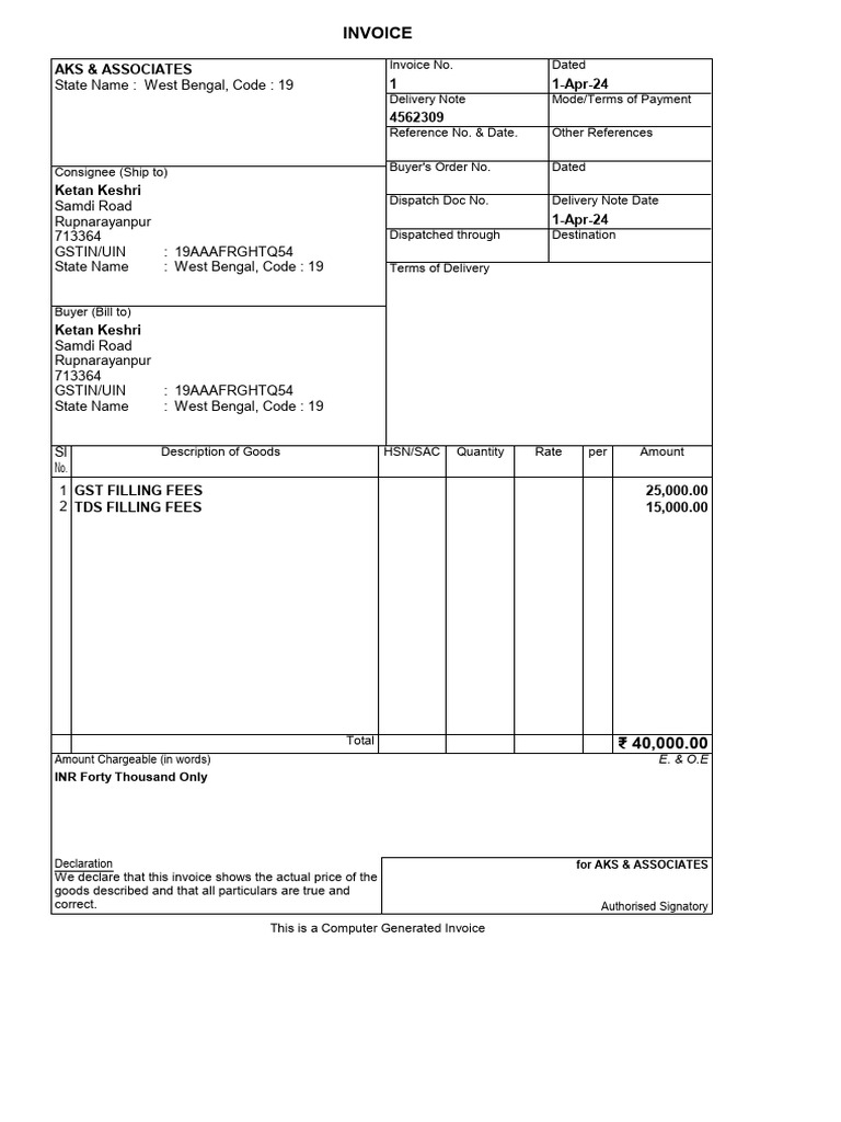 Invoice for GST and TDS Filing Fees | PDF