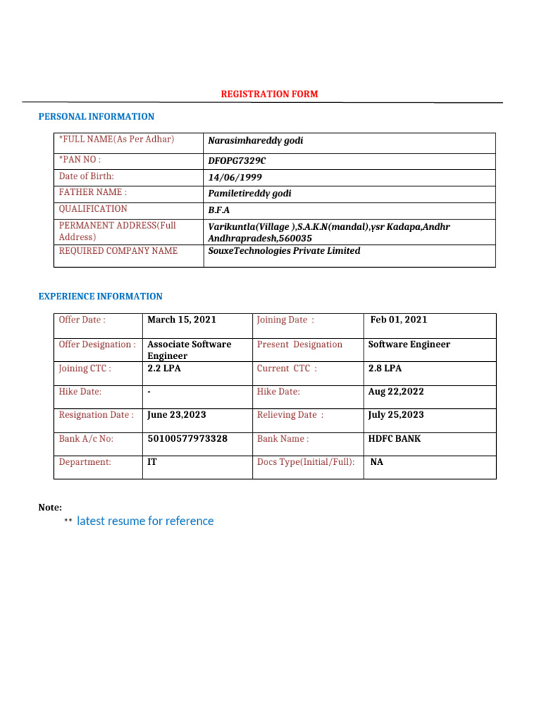 Registration Form for Software Engineer | PDF
