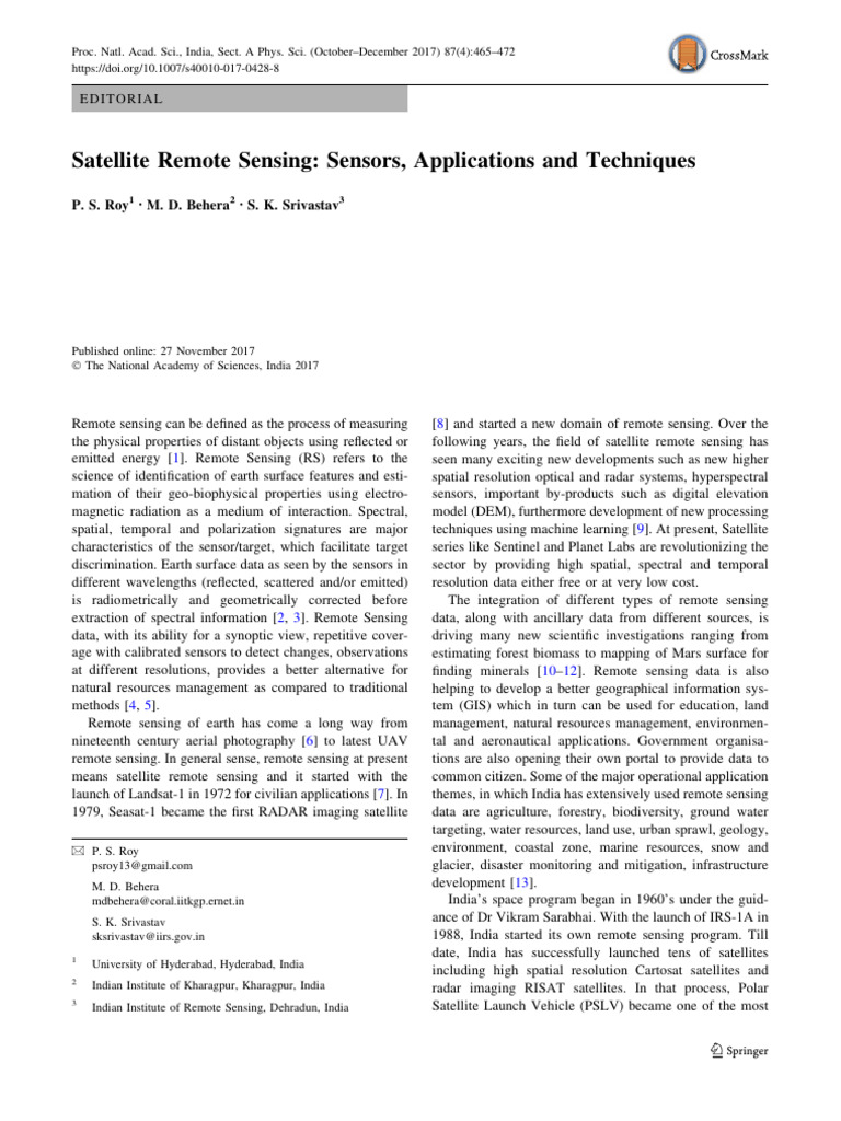 Satellite Remote Sensing Sensors, Applications and Techniques | PDF ...