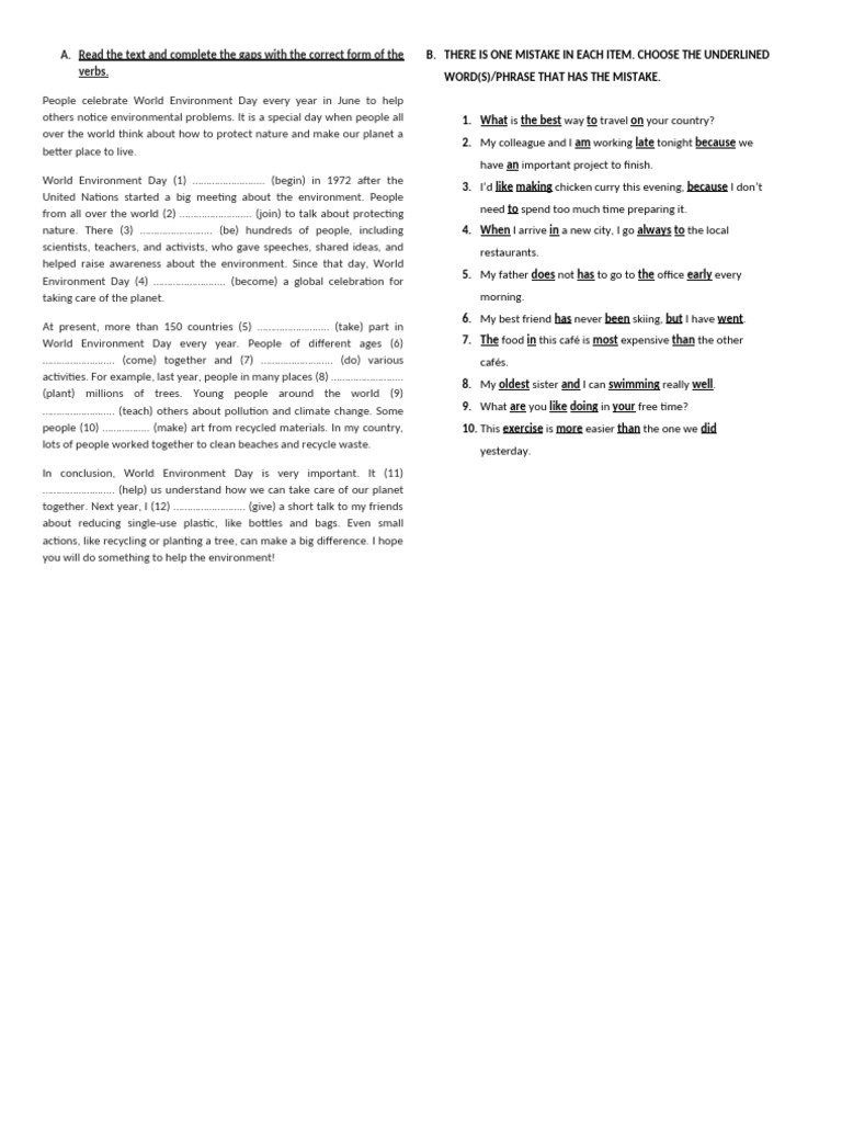 Cloze Test and Error Recognition Exercises For Final Exam. | PDF ...
