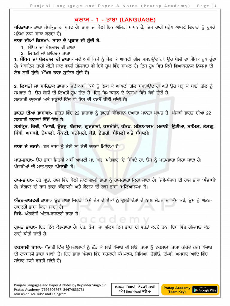 Punjabi A Paper Language Notes by Partap Academy . | PDF