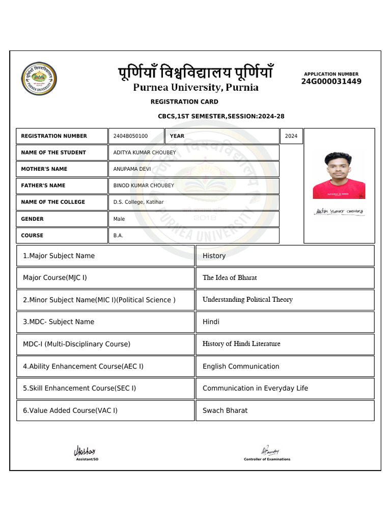 Aditya KR Choubey24g000031449 - Registration - Card | PDF
