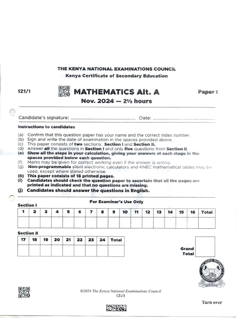 2024 Kcse Mathematics Paper 1 | PDF