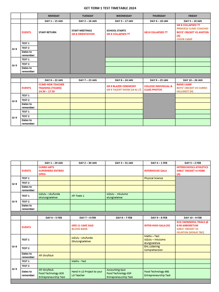 Get Term 1 Test Timetable 2024 - Student (1) 2 | PDF