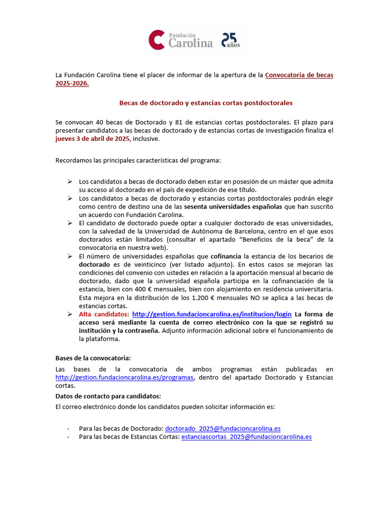 Convocatoria Becas Fundación Carolina 2025 | PDF