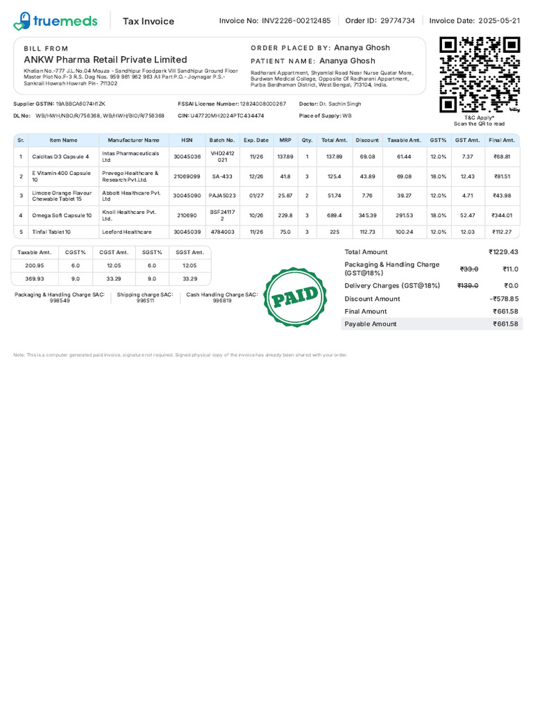 ANKW Pharma Invoice for Ananya Ghosh | PDF | Taxation | Government Finances