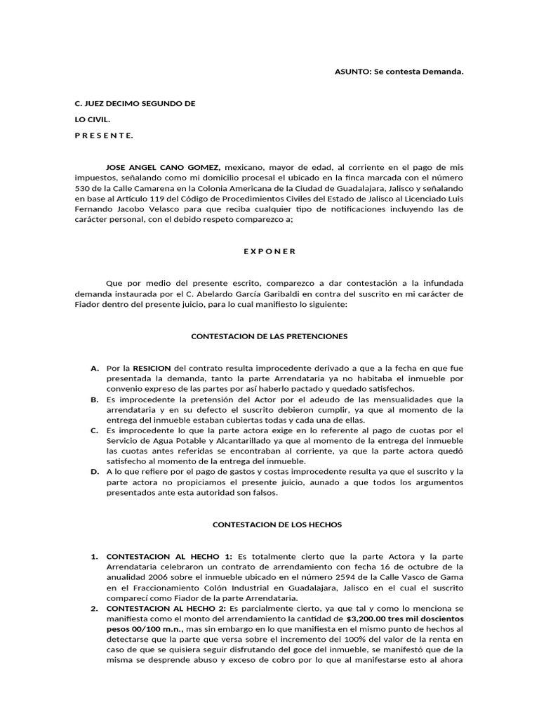 Contestación a Demanda de Arrendamiento | PDF