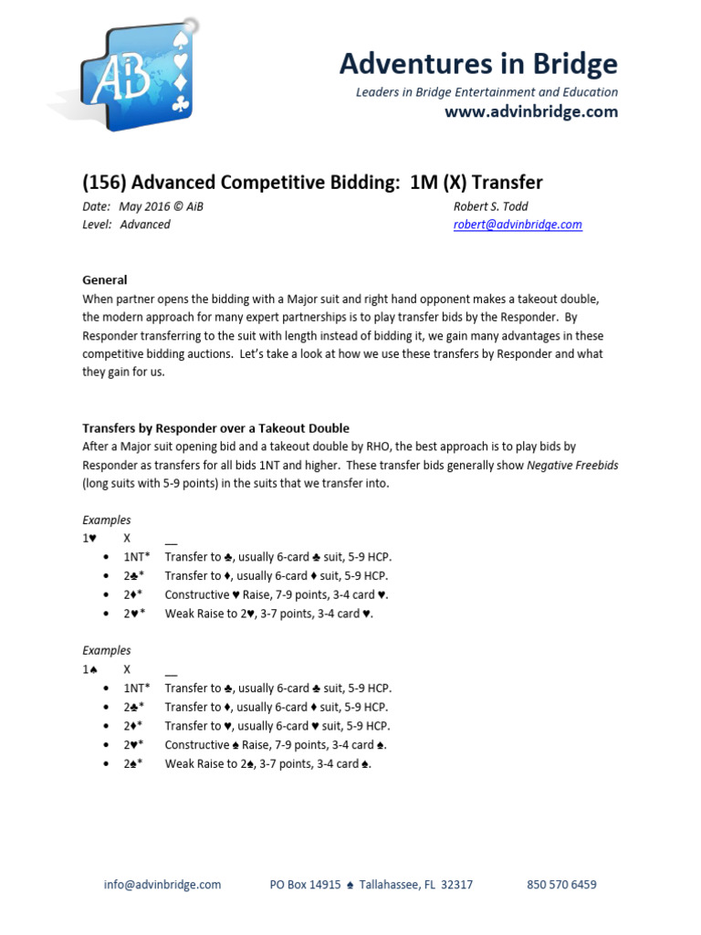 156+Adv+Comp+Bidding+ +1M+X+Transfers | PDF | Contract Bridge | Games ...