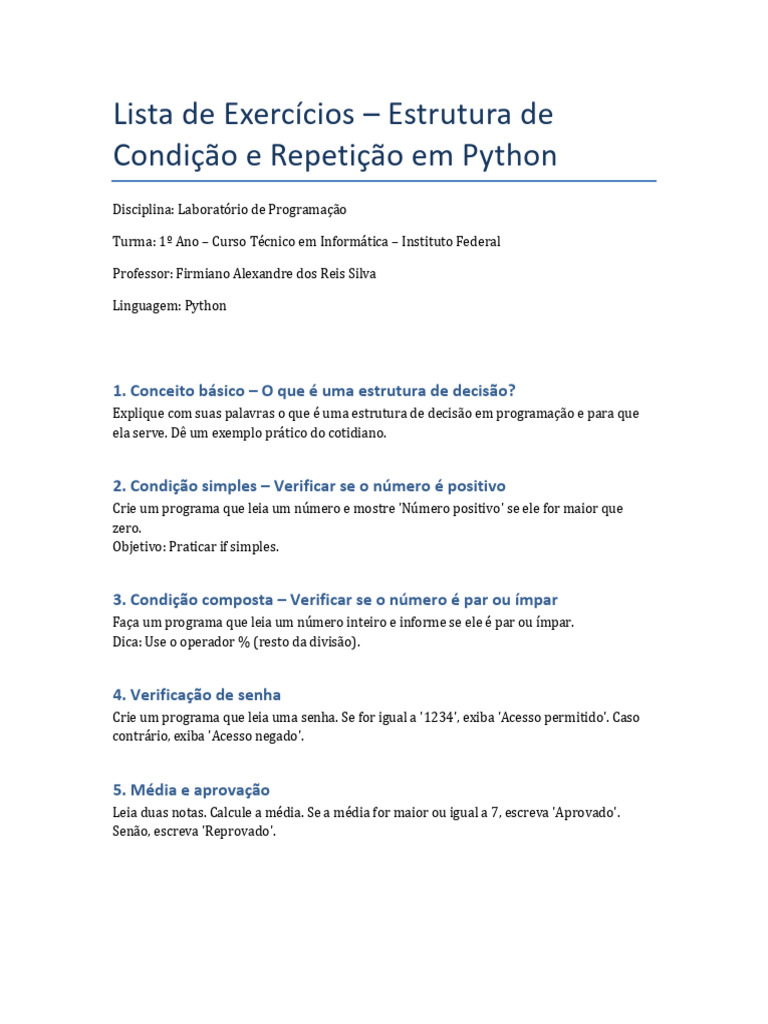 Exercícios de Condição e Repetição em Python | PDF