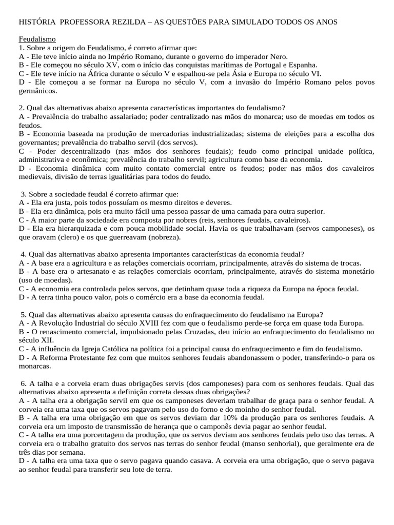 Questões sobre Feudalismo para Simulado | PDF | Feudalismo | Servidão