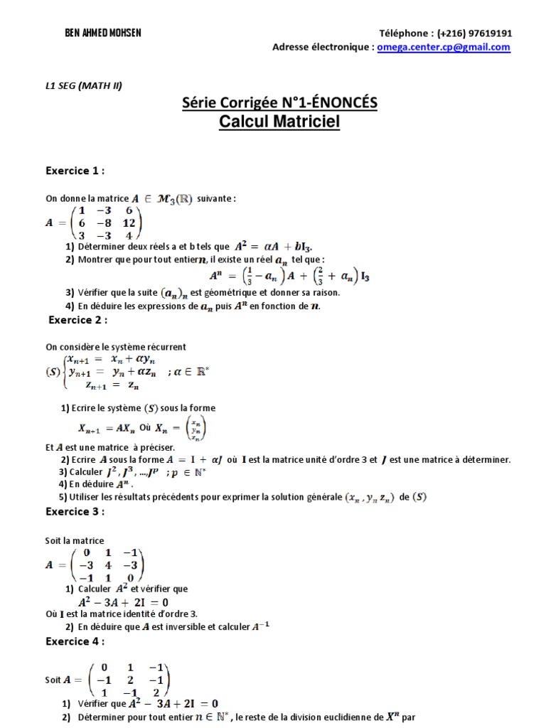 L1 Seg Math Ii Serie Corrigee N 1 Calcul Matriciel Matrice Mathematiques Nombre Reel