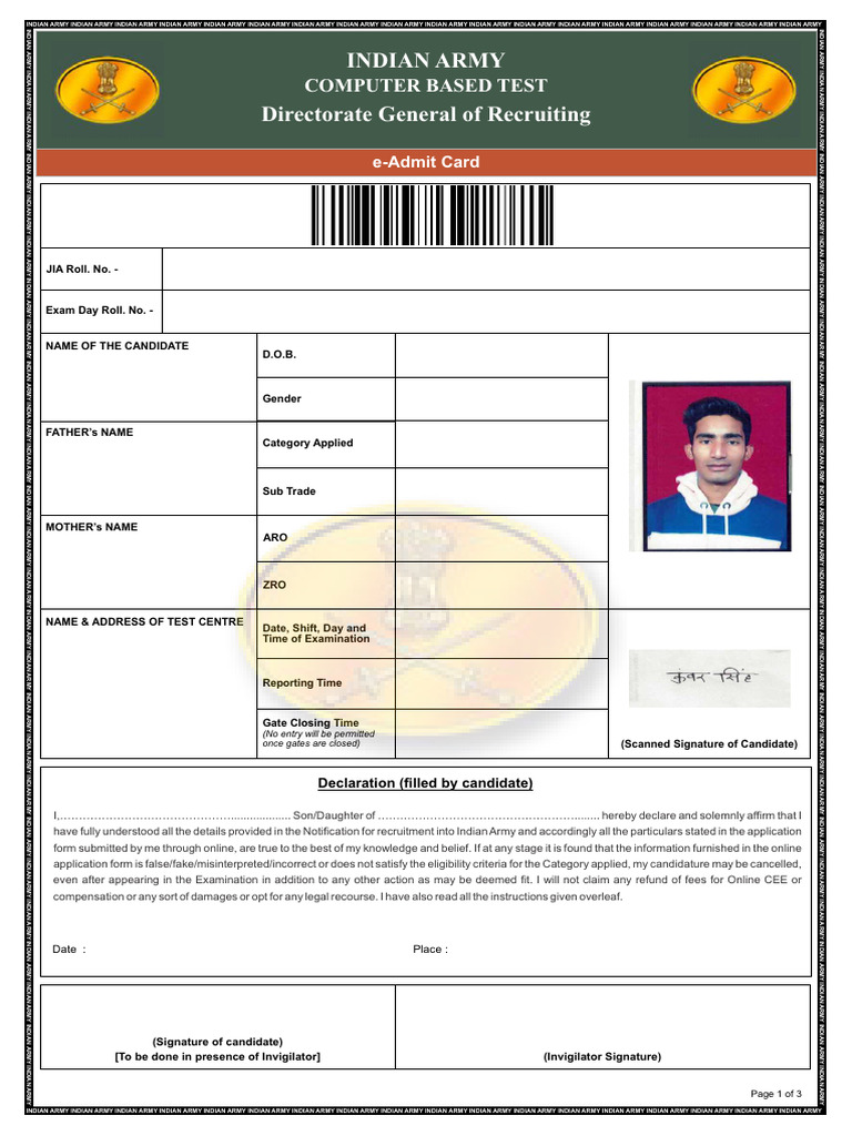 Indian Army CBT E-Admit Card Instructions | PDF | Identity Document