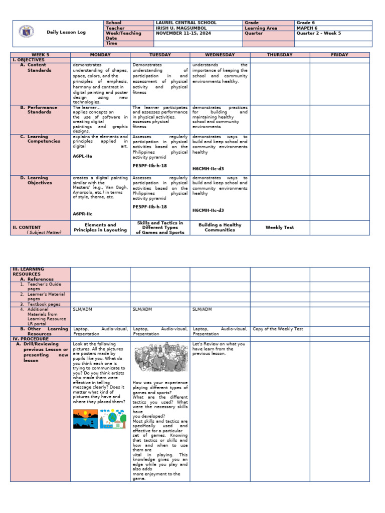 Grade 6 MAPEH Daily Lesson Log | PDF | Learning | Waste