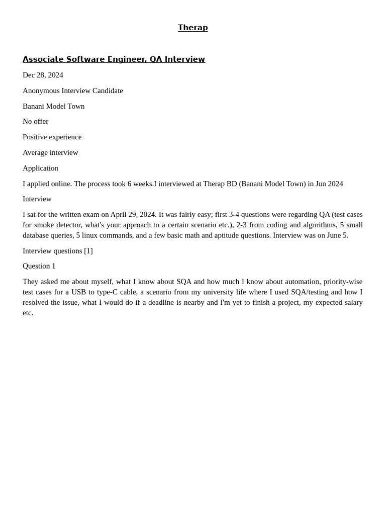 Therap BD QA Interview Insights | PDF | Software Testing | Multiple Choice