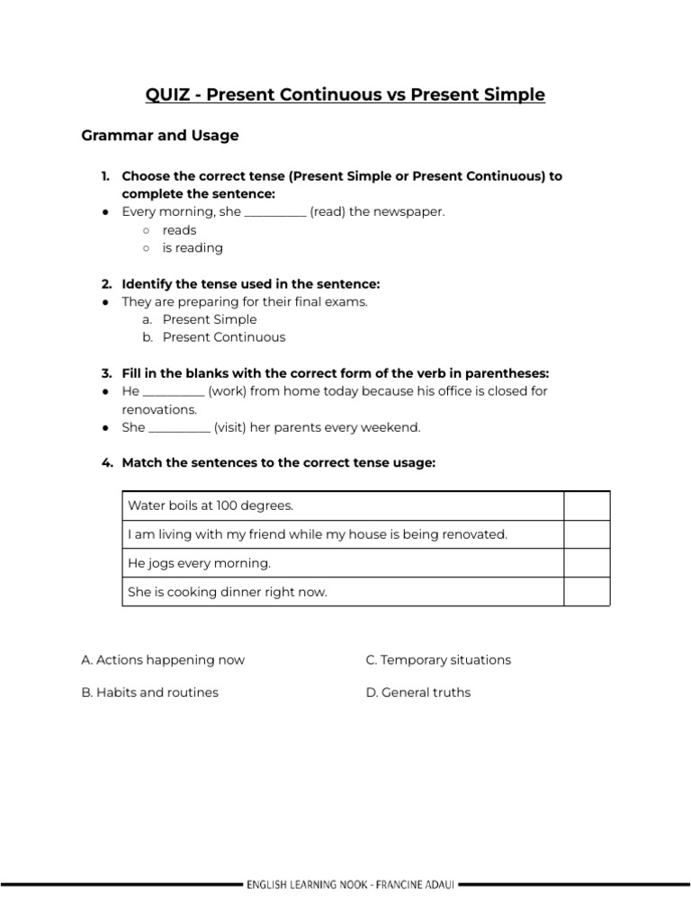 Quiz 1 - Present Continuous Vs Present Simple | PDF | Linguistics