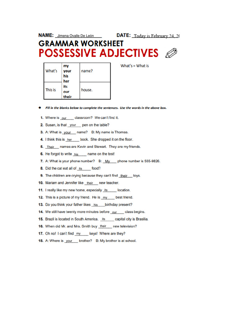 Possessive Adjectives Worksheet | PDF