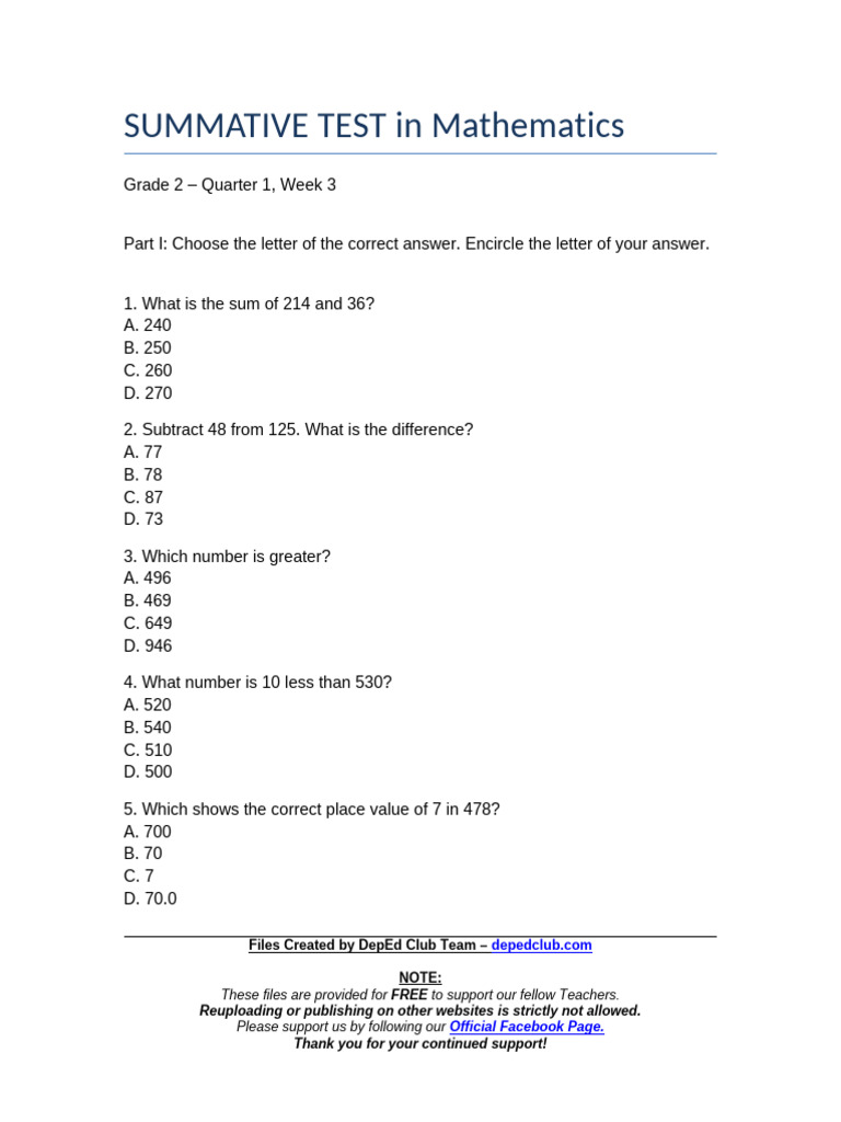 Summ - Test Mathematics 2 q1 w3 | PDF | Chess Theory | Chess