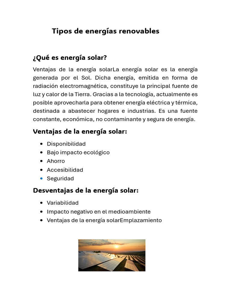 Tipos de energías renovables y sus ventajas | PDF | Energía renovable ...