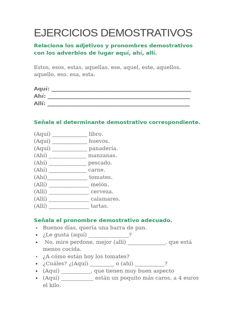 Ejercicios de Demostrativos en Español | PDF