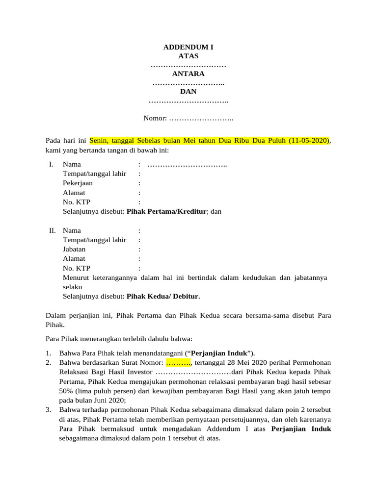 Addendum Perjanjian Kerjasama Kredit | PDF